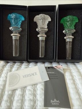 Versace (set of 3) Medusa Glass Bottle Stoppers in Blue, Clear, Green